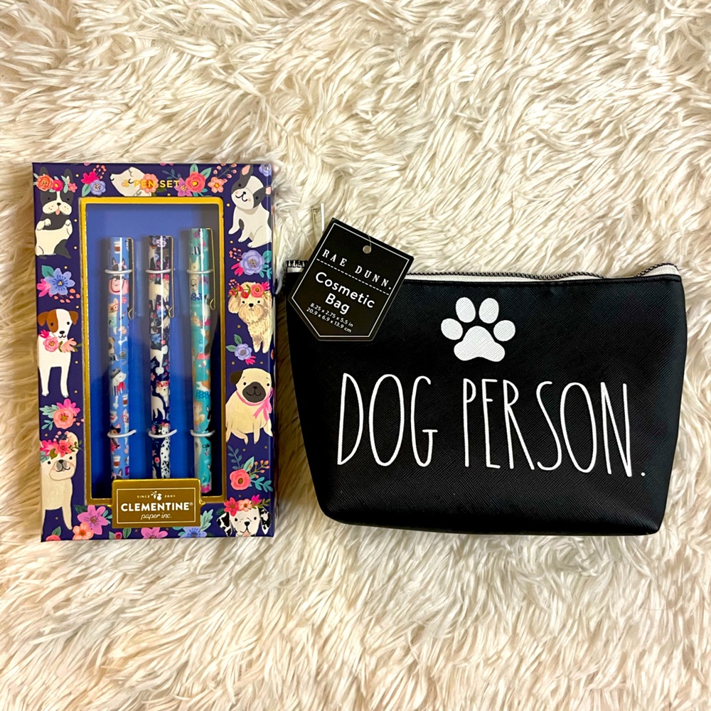 Rae Dunn Dog Person Cosmetic Bag/Pen Case + Adorable Dog Pen Set